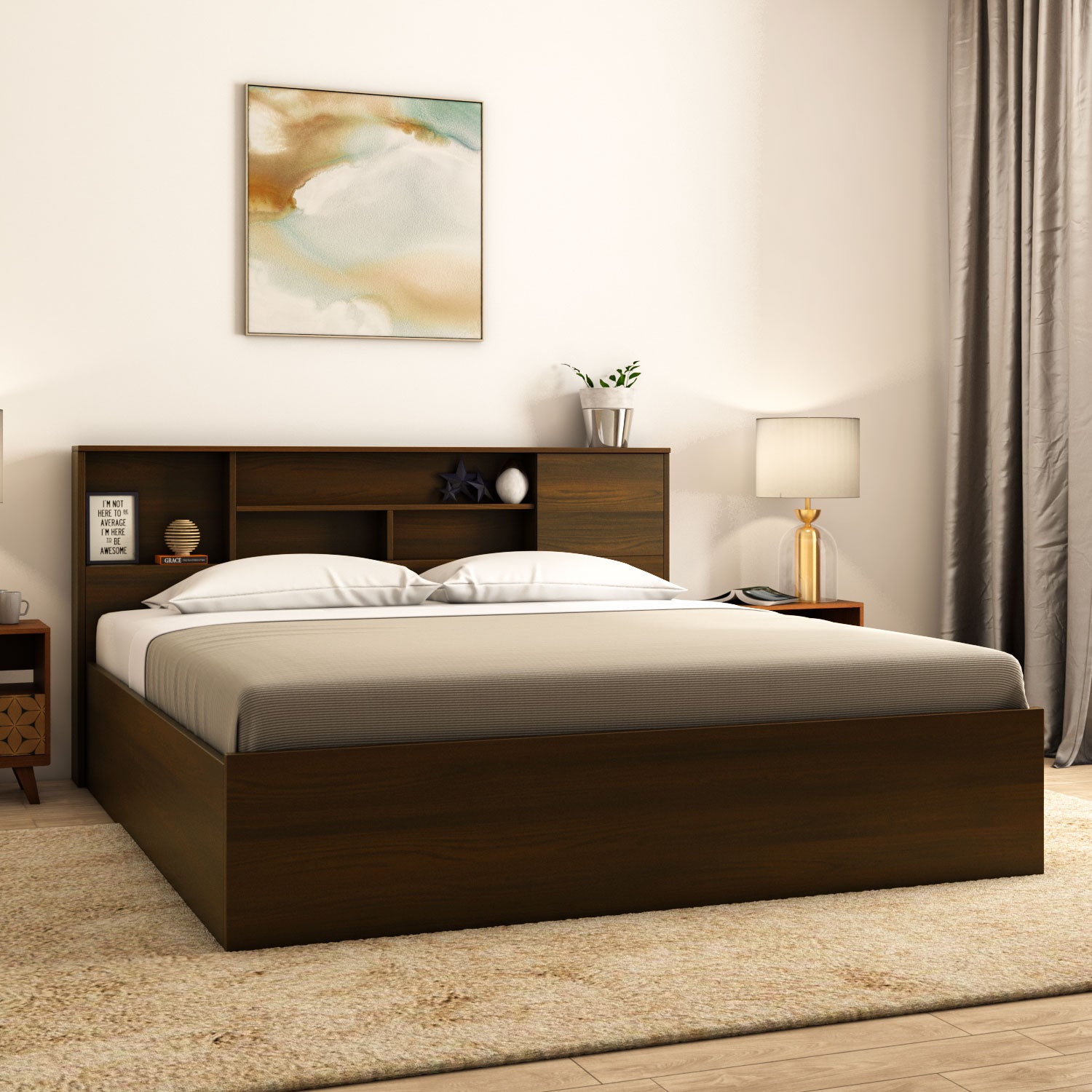 Mozart Queen Bed With Storage (Walnut) furniture reference
