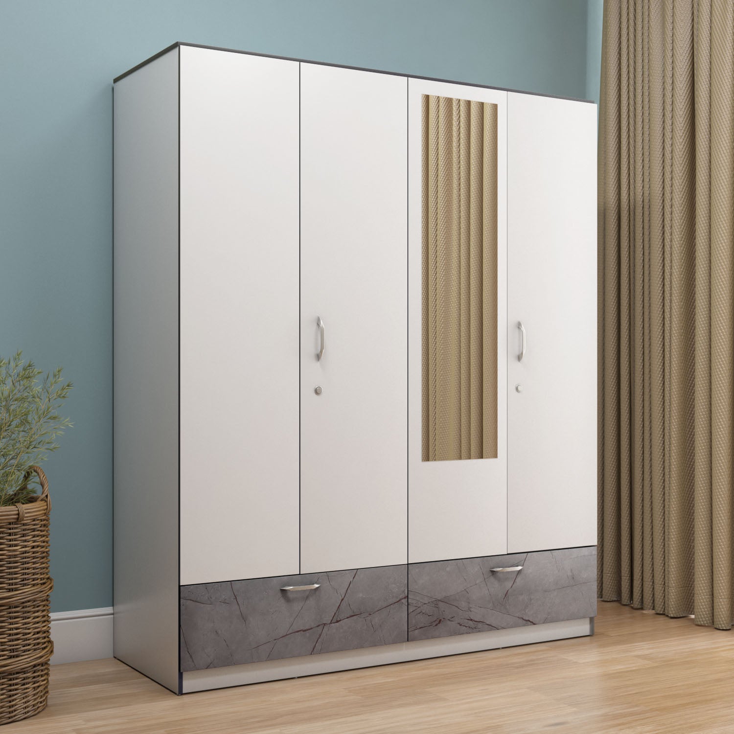 Marbito 4 Door Wardrobe With Mirror (White) furniture reference