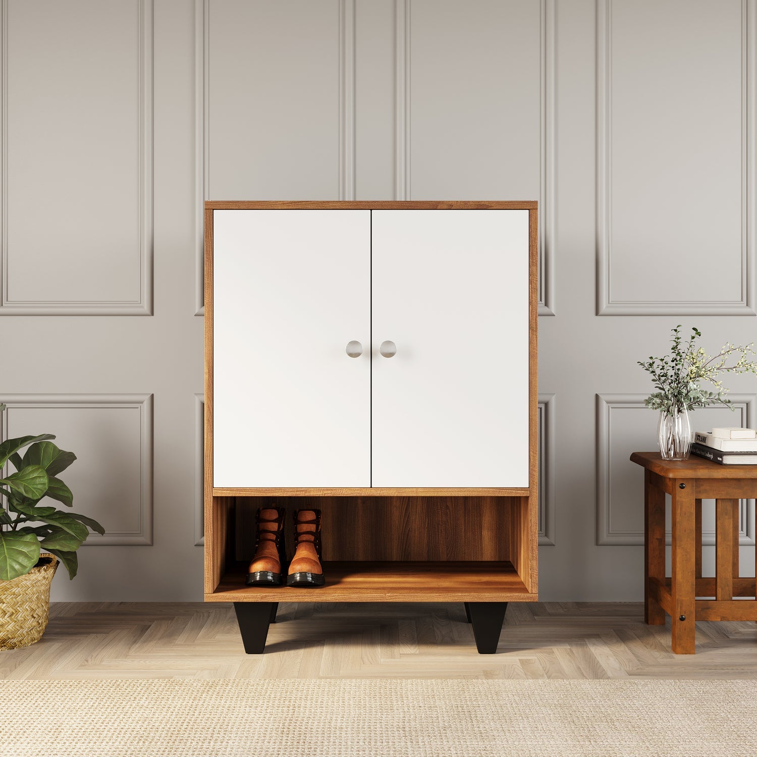 Astero Engineered Wood Shoe Cabinet (Walnut & White) furniture reference